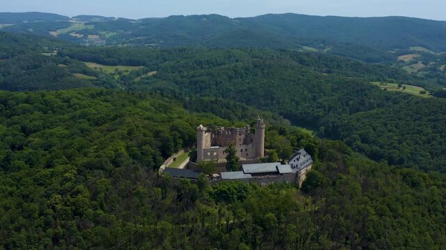 Aerial view of the castle Schloss Auerbach beside the city Auerbach in south Germany. On a sunny day in Summer.