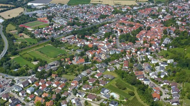 Aerial view of the castle Schloss Auerbach beside the city Auerbach in south Germany. On a sunny day in Summer.