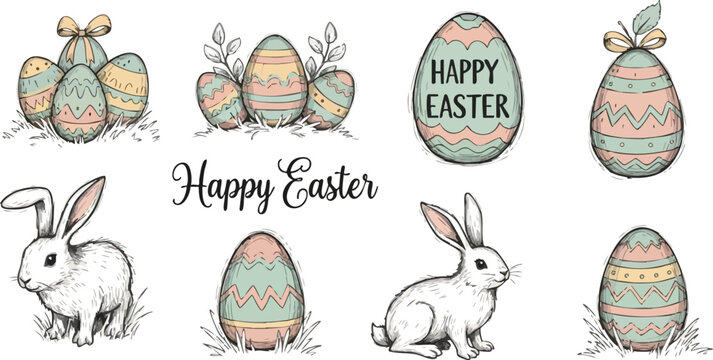 Hand drawn pastel easter eggs with floral decorations and two white rabbits sitting near grass with handwritten happy easter text elegant festive spring holiday vector art