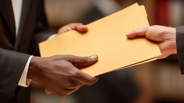 Close up of two business people in suits exchanging an manila folder in an office