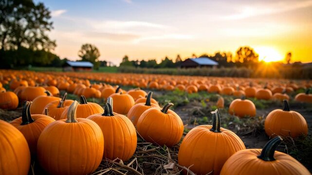 Vast pumpkin patch illuminated by a warm sunset glow agricultural harvest