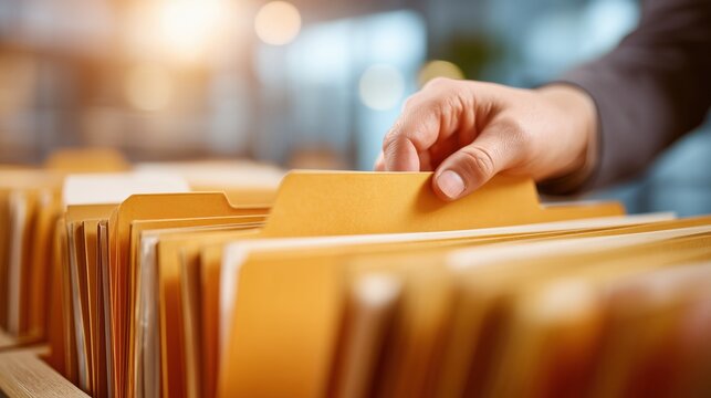 Hand searching through yellow document folders in an office file cabinet