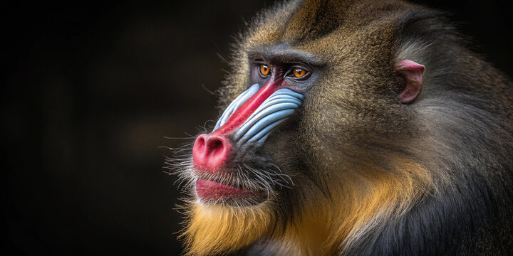 A close-up shot male Mandrill (Mandrillus sphinx) with a crimson nose and lips flanked by vertical ridges on the muzzle.