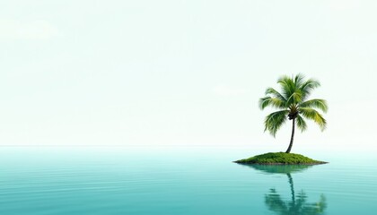 Fototapeta premium Small green island with single palm tree. Calm clear turquoise ocean water surrounds this tiny isle. Vast empty sky overhead. Peaceful remote nature scene.