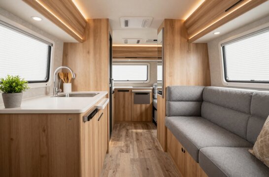 Modern Camper Interior Design: Bright, Spacious RV with Kitchen, Living Area, and Wood Accents
