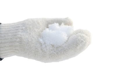 woman hand in white mitt, white snow, winter fun on transparent background