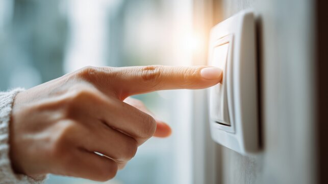 Close up of a hand pressing a white light switch on a wall to turn on the lights