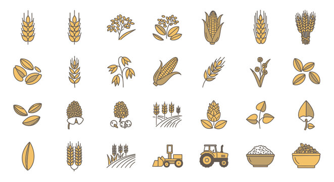 Collection of farm and grain agriculture outline icons