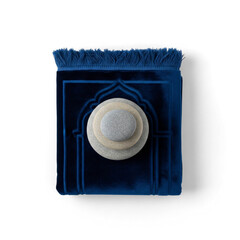 Deep Blue Velvet Prayer Mat Adorned with Smooth Stacked Stones