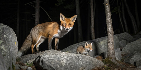 A red fox and a younger kit standing alert in a forest against black backdrop of shadowed trees with adult fox gazes with amber-brown eyes, its fur glows.