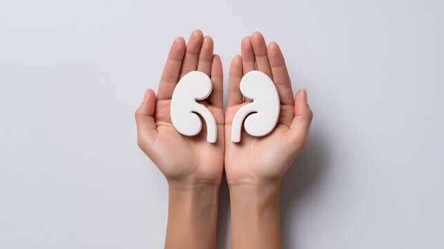 Top view of human hands holding a white kidney model