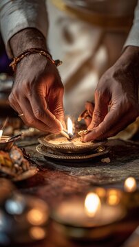 Hands light a small oil lamp during a ritual setting in an indoor space filled with candles and offerings at dusk