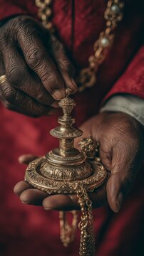 Hands hold a detailed metal object with intricate design in a close-up view during a cultural ceremony in India at twilight