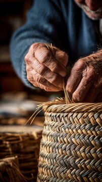 Hands weave a basket made of natural fibers in a craft workshop during daytime in a rural setting