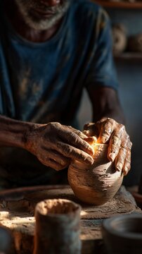 Crafting pottery on a wheel in a workshop during the late afternoon with hands shaping the clay and tools nearby