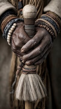 Hands holding a staff with a fur tip, decorated with bracelets, in a simple setting that shows the beauty of craftsmanship and tradition in the community