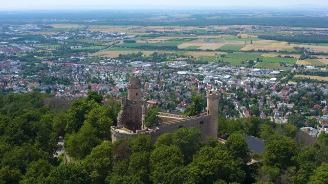 Aerial view of the castle Schloss Auerbach beside the city Auerbach in south Germany. On a sunny day in Summer.