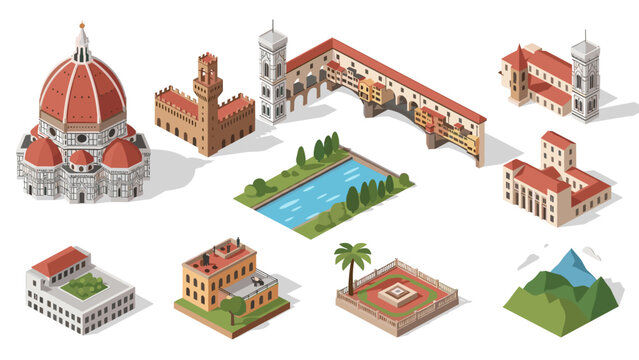 Iconic italian landmarks in isometric style: detailed architectural and landscape map