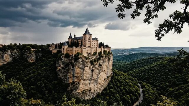Majestic medieval castle perched dramatically on a sheer cliff overlooking a lush green valley.