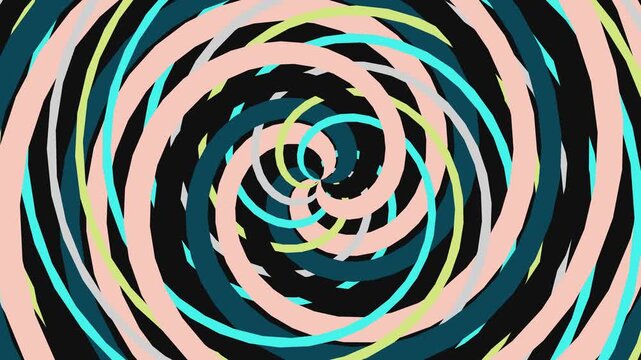 A colorful abstract spiral design on a black background with swirling patterns of pink, blue, and yellow