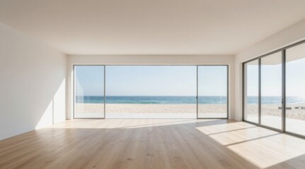 Modern Empty Room Interior with Ocean View and Large Windows, Ideal for Real Estate or Design Visualization