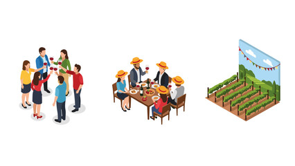 Fototapeta premium Isometric wine tasting and vineyard scenes with social gatherings and outdoor dining