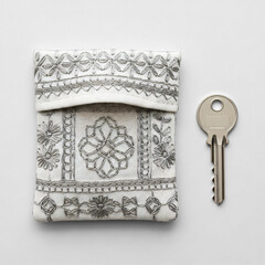 Small hand-stitched embroidered pouch beside a silver house key minimalist studio shot