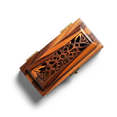 Elegant dark wood incense burner box with carved filigree pattern on white background