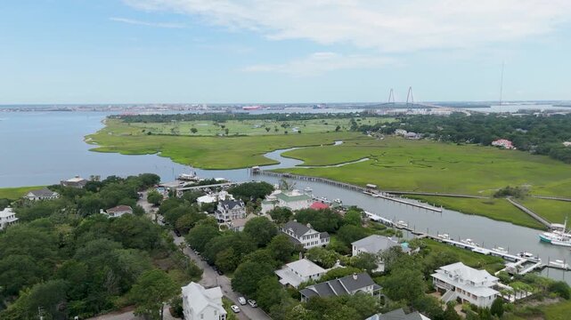 Drone shot pulling out from the Old Village Yacht Club in Mt Pleasant, SC.