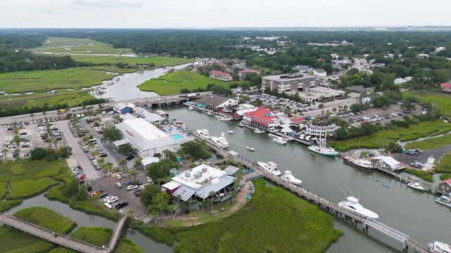 Drone shot rotating around Shem Creek in Charleston, SC.