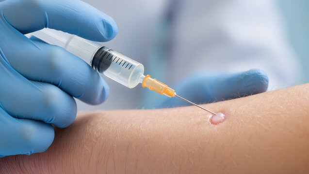 Macro Close-up of Medical Professional Administering Skin Prick Test or Intradermal Injection