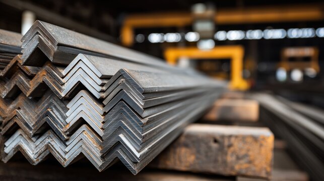Stack of industrial steel angle bars in metal profile warehouse or factory workshop
