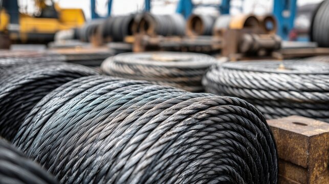 Rows of heavy steel wire rope coils in an industrial outdoor storage facility