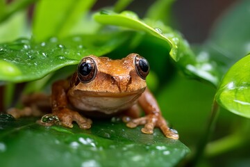Obraz premium Frog Using Broad Leaf As Natural Shelter During Daylight Hours