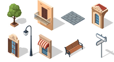 Isometric city elements collection with architecture and urban items