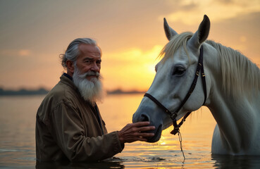 Obraz premium Elderly man with white beard gently touches horse face in calm water during golden sunset. Human and animal share peaceful connection in serene natural setting.
