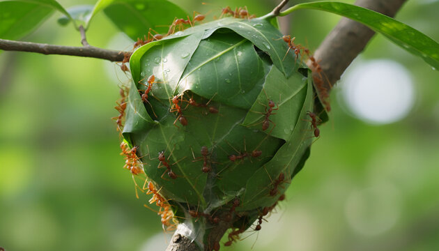 Close-up of a weaver ant nest constructed from leaves on a tree branch