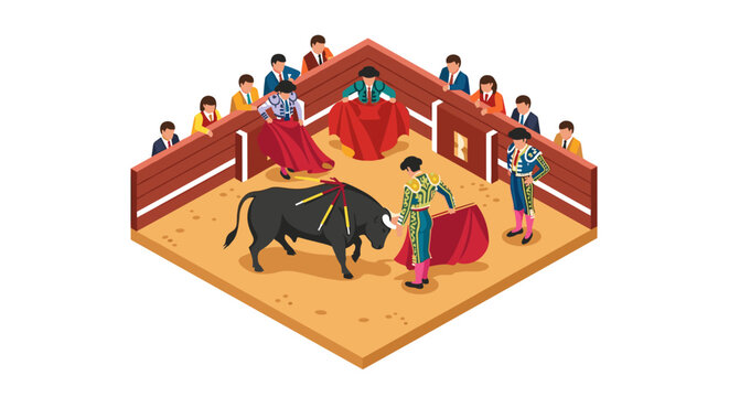 Isometric bullfighting scene with matadors and spectators in arena