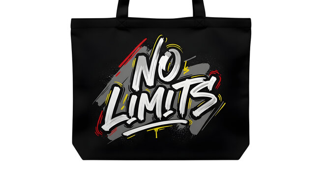 A black tote bag with bold no limits graffiti design on the front.