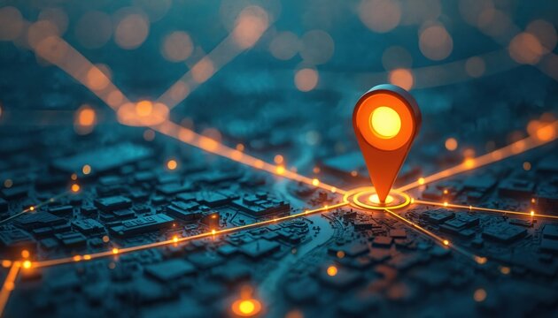 Abstract map with glowing orange location pin and data connections. City grid with illuminated pathways at night. Futuristic navigation network concept, digital precision.