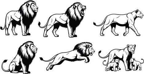 Lion silhouette vector set including male lion roaring leaping sitting and standing with lioness and cute cubs for safari wildlife design, © Gauranga