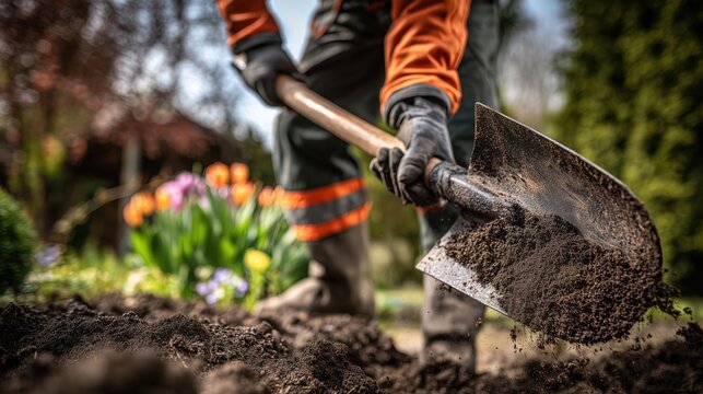 Gardener using a metal shovel to dig fertile soil in a flower garden during spring