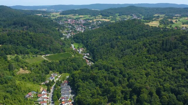 Aerial view of the castle Starkenburg beside Heppenheim in Germany. On a sunny day in Summer. 