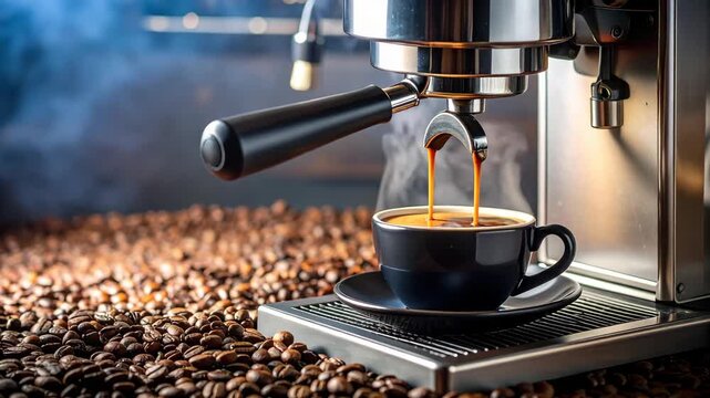 Espresso machine brewing a rich coffee into a dark cup surrounded by beans