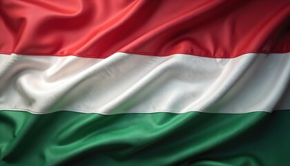 Obraz premium Wavy hungarian flag fabric texture, red white green horizontal stripes. Symbol of nation patriotism and independence. Elegant textile background.