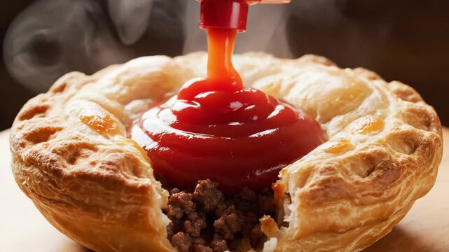 Tomato Sauce Squeezed onto Hot Steaming Meat Pie 4K Video