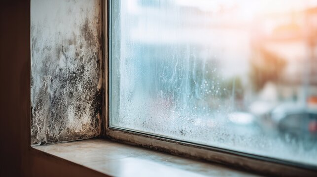 Black mold and toxic damp growing on a window frame and wall inside a residential home
