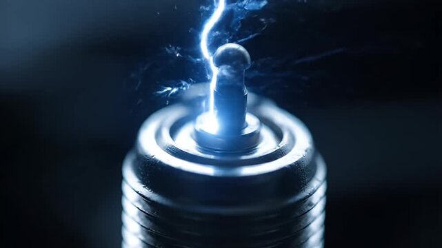 Intense blue electrical spark igniting between the electrodes of a metallic spark plug in a dark environment.