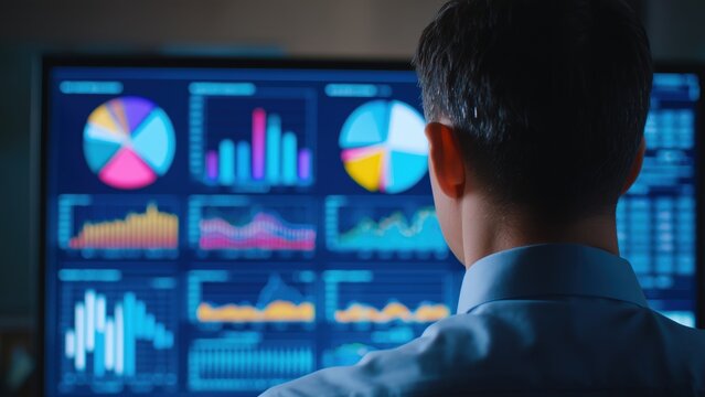 Back view of a professional analyst studying financial data and charts on a computer screen