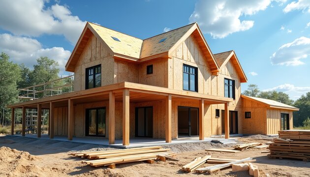 Modern wooden house frame under construction with scaffolding on sunny day. Building materials visible on site with blue sky and clouds. Structure exterior is unfinished.